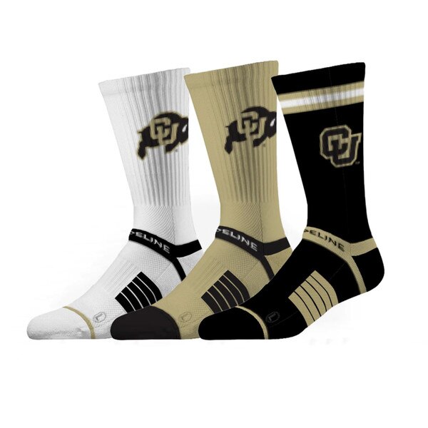 One pair is white with a black and gold C.U. buffalo on each side. There is black detailing. The gold pair has a black C.U. buffalo logo. The black pair has an interlock CU logo with gold detailing.
